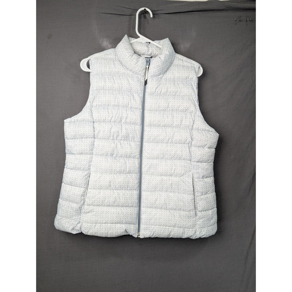Gap Womens Blue White Geometric Print Puffer Vest Large Mock Neck Full Zip 7582